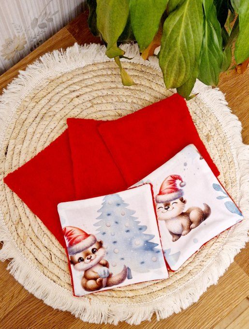 5 lingettes carré lavable loutre noël 