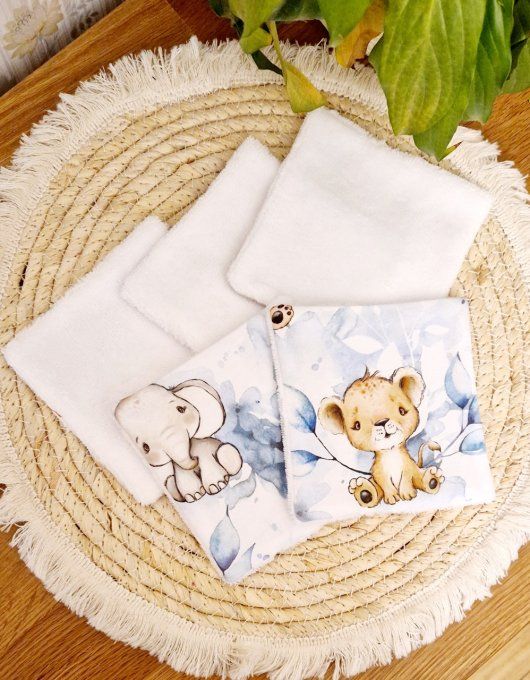 5 lingettes carré lavable bébé safari bleu